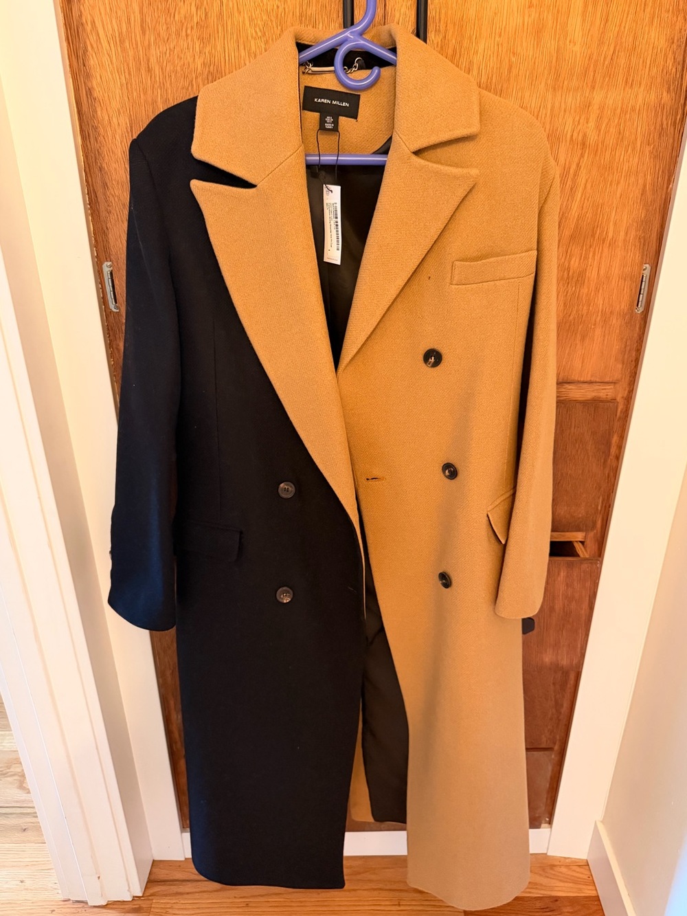 Karen Millen Women’s Two-Tone Wool Blend Coat in Black & Camel. Size 2.